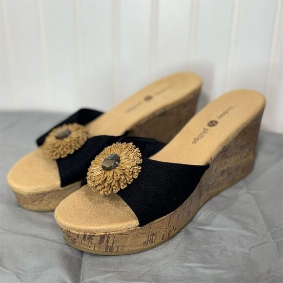 New Lindsay Phillips black wedge sandals 7.5 floral cork heels retro boho glam - Picture 3 of 8